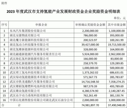 7500万元 武汉公布氢能产业扶持资金结果